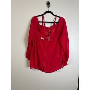Truth 1x red off the shoulder top elastic cuff button down oversized